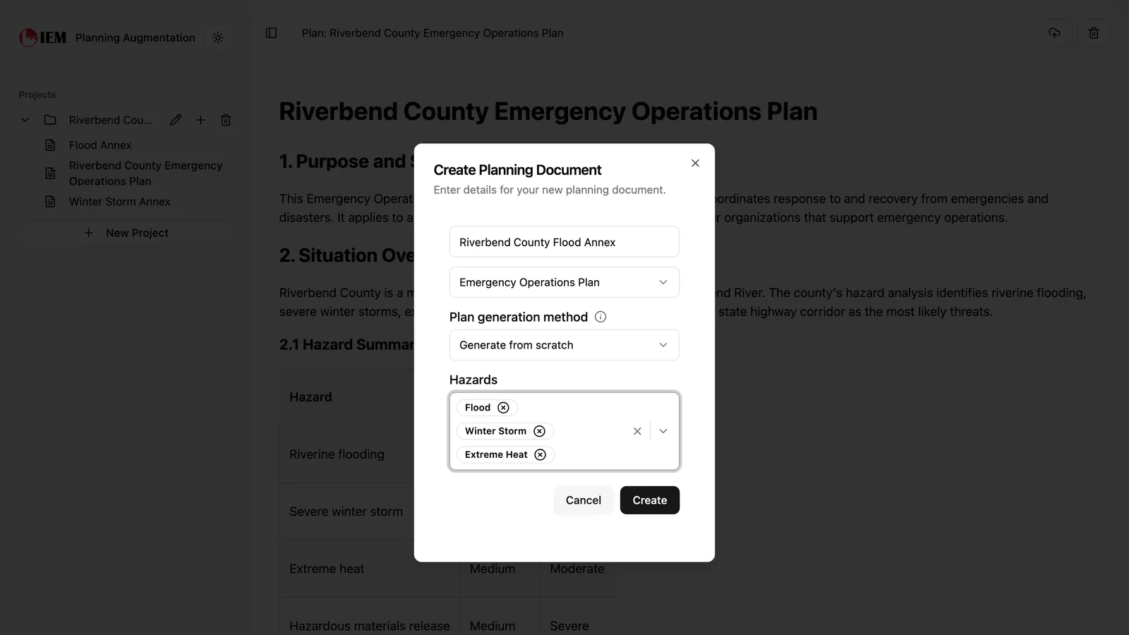 IEM’s plan editor starting a new flood annex: plan type, generate from scratch, and the hazards to cover