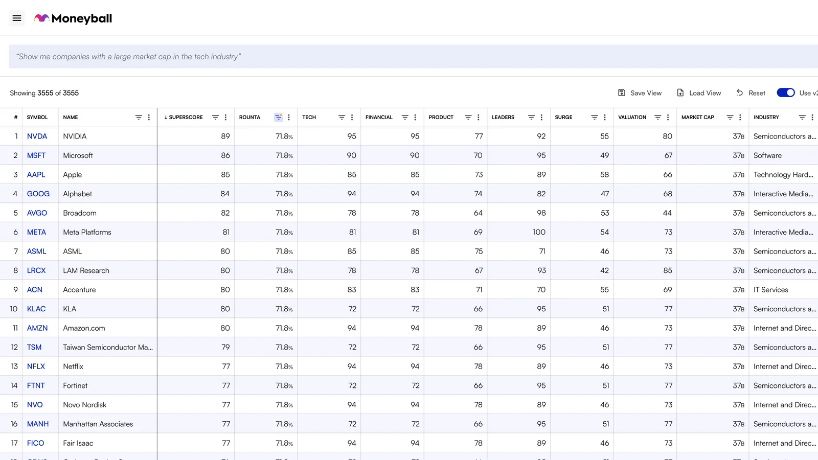 The Motley Fool’s Moneyball screener: a plain-English prompt above a grid of scored companies