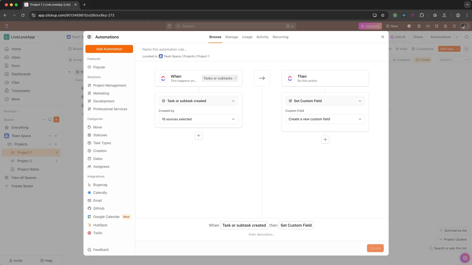 The ClickUp automations builder