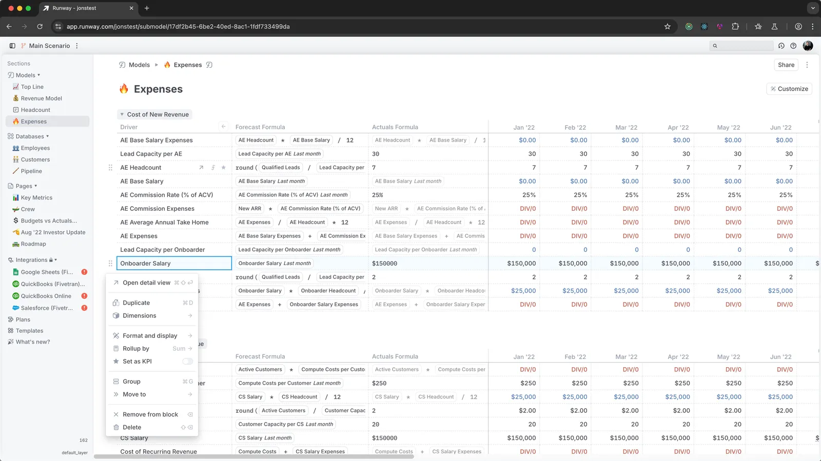 The Runway expenses model grid